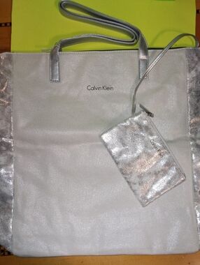 Calvin Klein White & Silver tote purse bag NWT